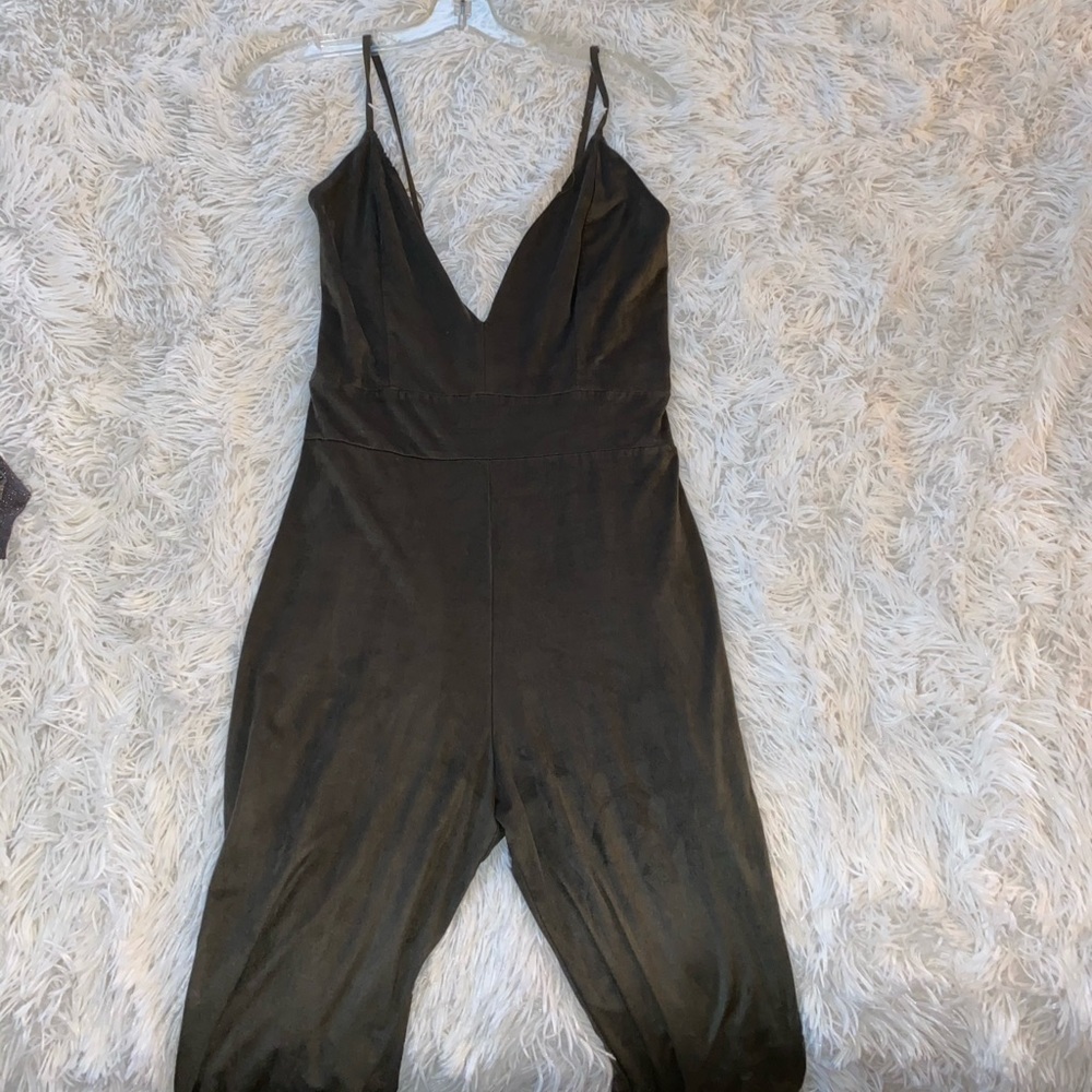 Olive green suede jumpsuit